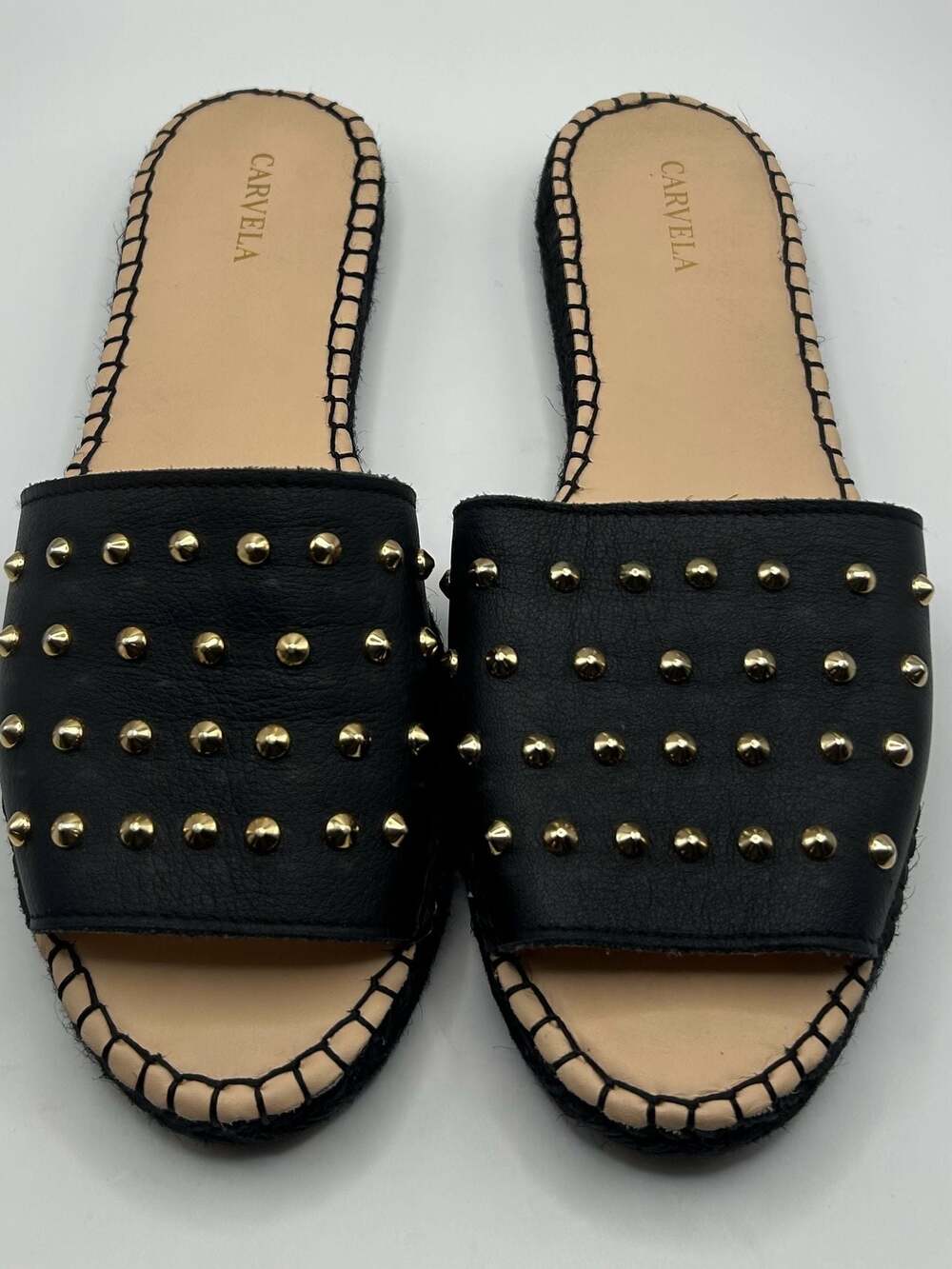 Black Studded Slides Women’s Size 10 Leather Espadrille Flat